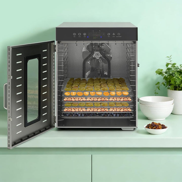 Dörrautomat 16-stufig 1350W, Für Kochen, Gewerbe | Edelstahl, Timer, digital, Obst, Fleisch, Wurst,