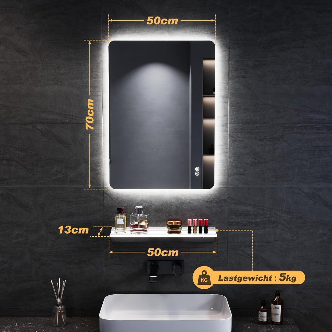 SONNI Badspiegel mit Beleuchtung 50x70cm, Touch Badezimmerspiegel 3 Lichtfarben, Anti-Beschlag &amp; Ged