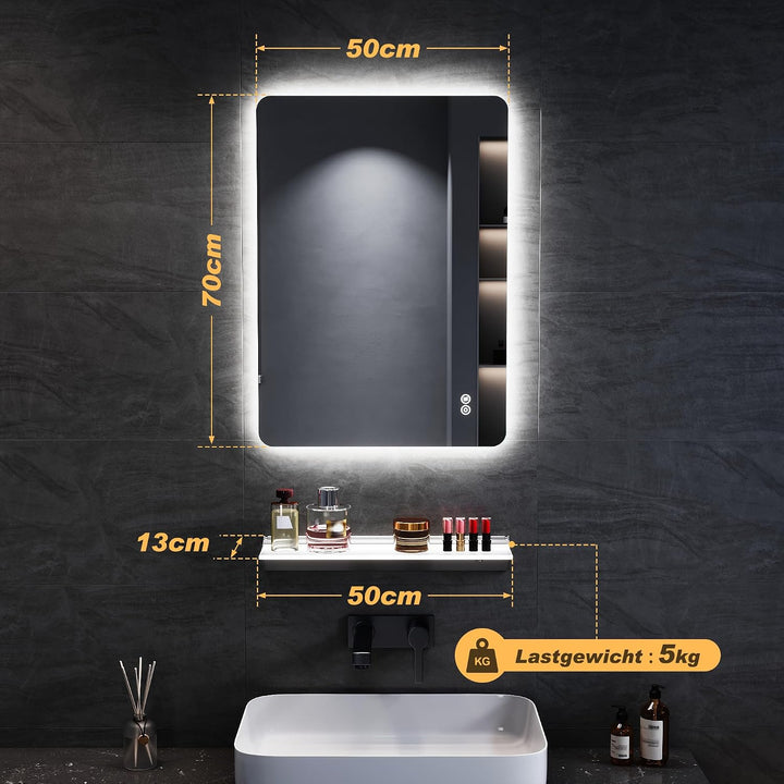 SONNI Badspiegel mit Beleuchtung 50x70cm, Touch Badezimmerspiegel 3 Lichtfarben, Anti-Beschlag &amp; Ged