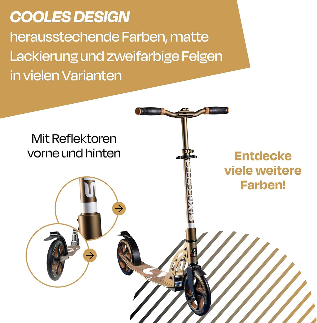 Six Degrees Aluminium Scooter mit Klappmechanismus, Ständer, 205 mm TESTSIEGER, ABEC 7, höhenverstel