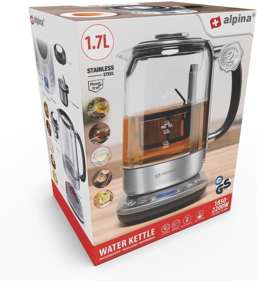 alpina Wasserkocher mit Teekorb – 1,7 l – 2200 W – Elektrischer Wasserkocher – Teekocher – Temperatu