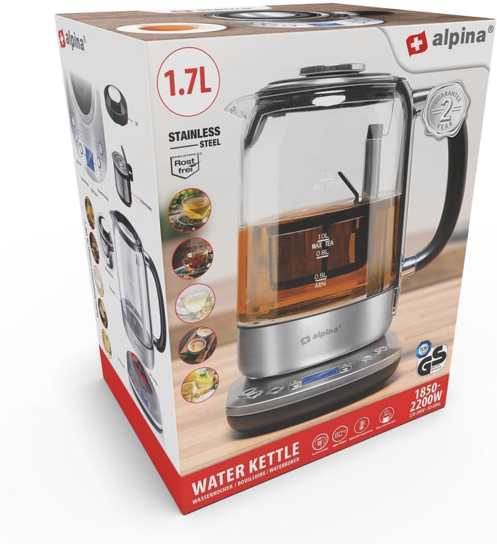 alpina Wasserkocher mit Teekorb – 1,7 l – 2200 W – Elektrischer Wasserkocher – Teekocher – Temperatu