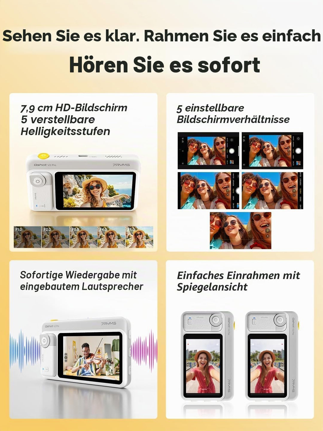 7RYMS Qshot V2 Pro Selfie Monitor, Magnetischer Smartphone Rückkamera Bildschirm für iPhone &amp; Androi