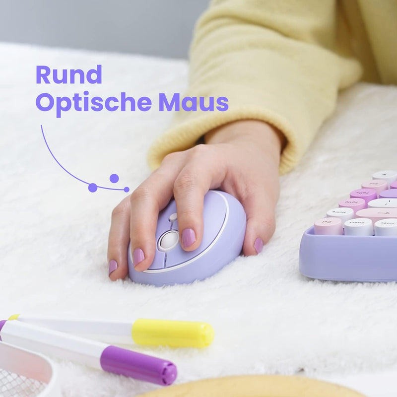 Perixx PERIDUO-713PP Kabellose Mini-Tastatur und Maus-Kombination - Retro runde Tastenkappen- Pastel