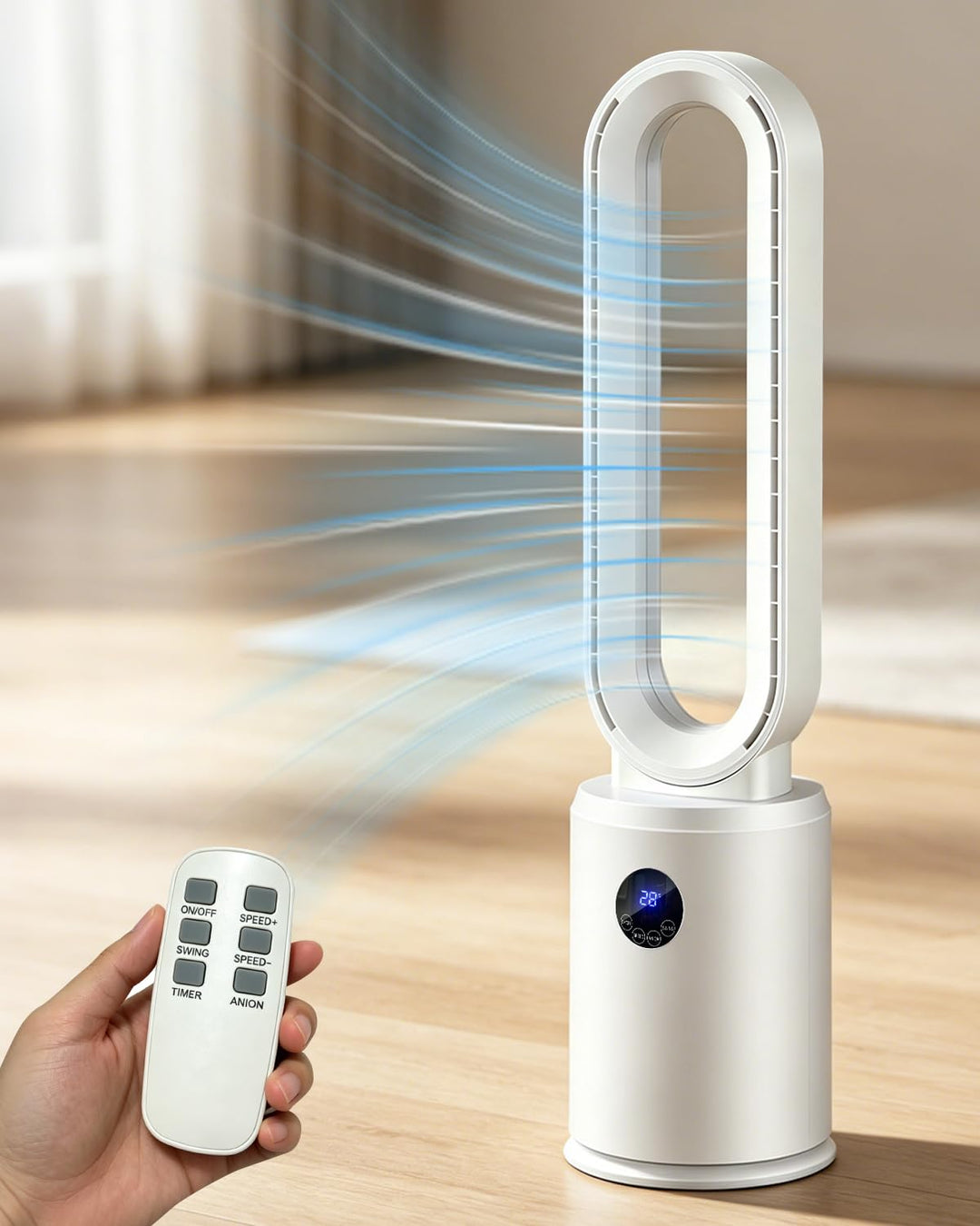 Rotorloser Ventilator, 24 Stufen Leiser Tischventilator mit Fernbedienung & 12h Timer, Energiesparen