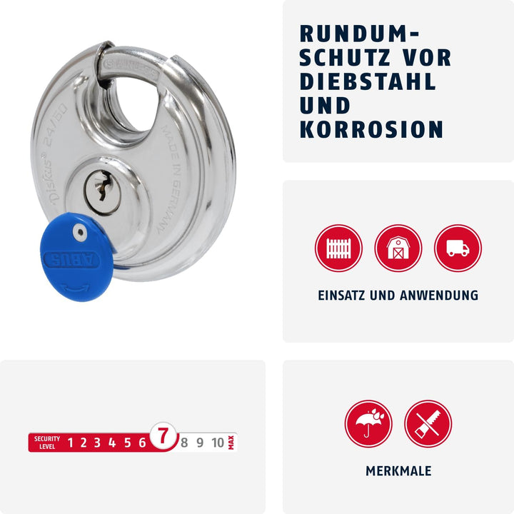 ABUS Diskus Vorhängeschloss 24IB/60 aus Edelstahl - mit 360° Rundumschutz - zur Sicherung bei starke