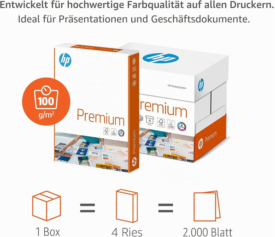 HP Druckerpapier Premium CHP 854: 100g, A4, 2.000 Blatt (4x500), extraglatt, weiss - intensive Farbe