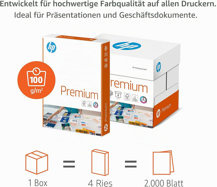 HP Druckerpapier Premium CHP 854: 100g, A4, 2.000 Blatt (4x500), extraglatt, weiss - intensive Farbe