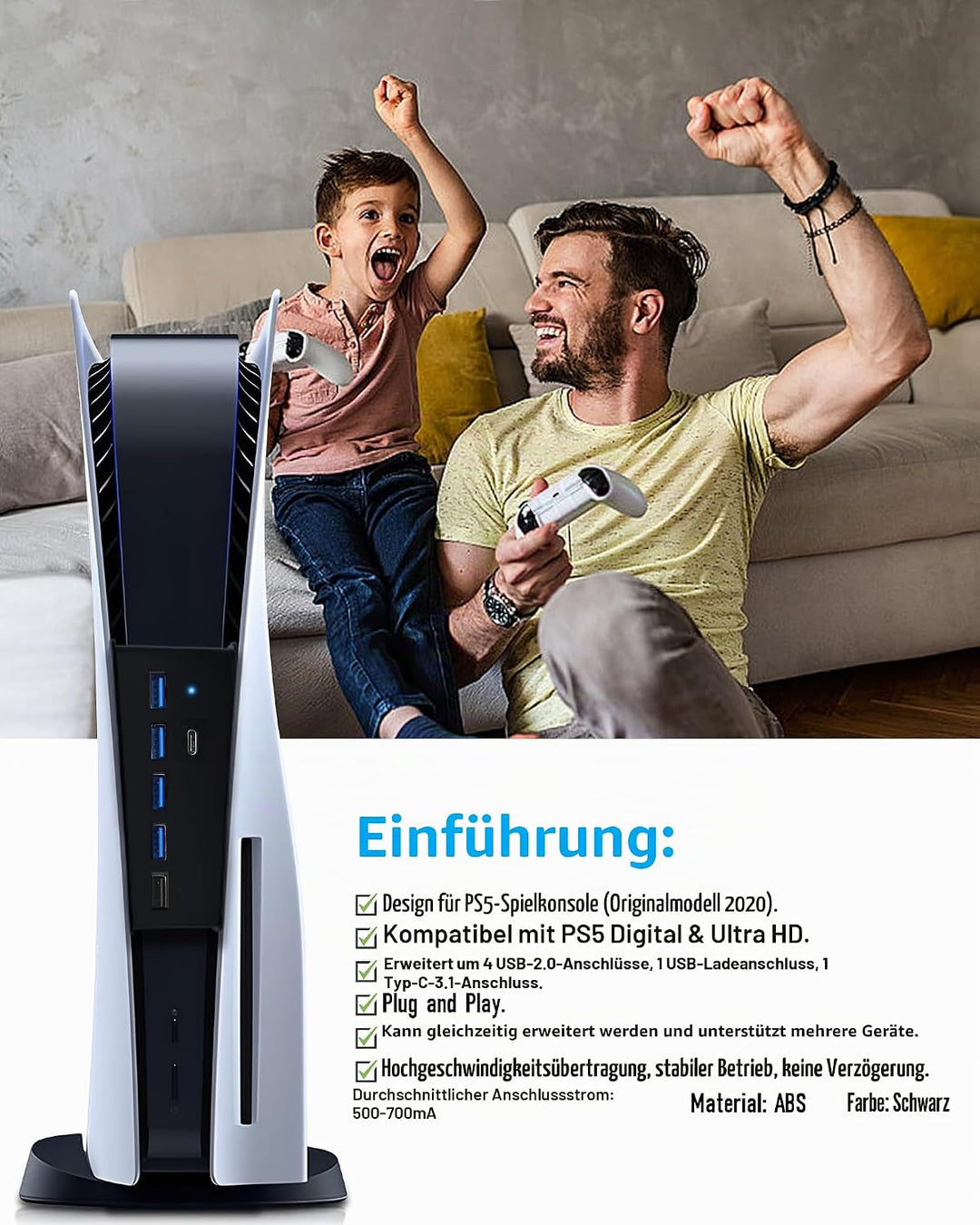 5-Port USB Hub für PS5 Konsole, Arvin USB 3.1 Schnelle Geschwindigkeit Laden Ladeadapter mit 4 USB-2