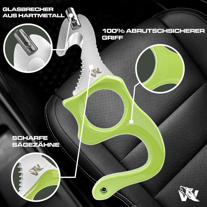 ODENWOLF Rescue Tool aus feinstem D2-Stahl - Handlicher Gurtschneider Notfallhammer Auto mit Leuchtf