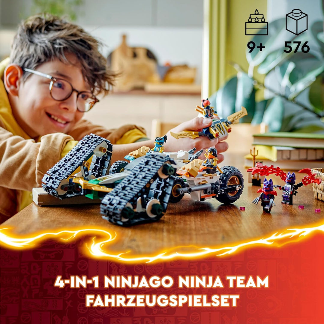 LEGO NINJAGO Kombi-Raupe des Ninja-Teams, 4-in-1-Set mit Gleiter, Rennauto und 2 Motorrädern und 6 M