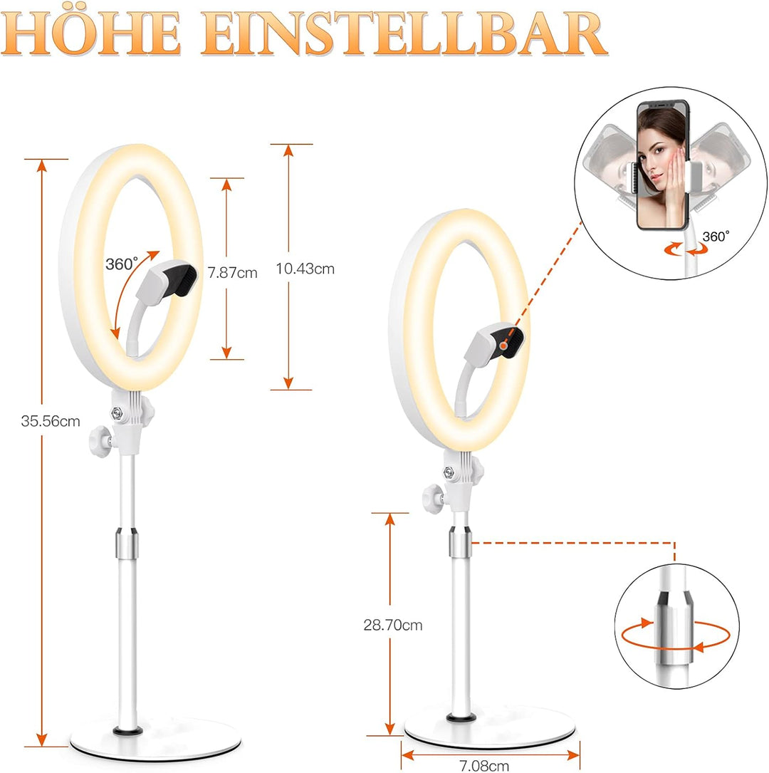 Ringlicht mit Stativ,Ring Light Tisch Selfie Licht Ringleuchte Lichtring,10.5 Zoll 3 Lichtfarben LED