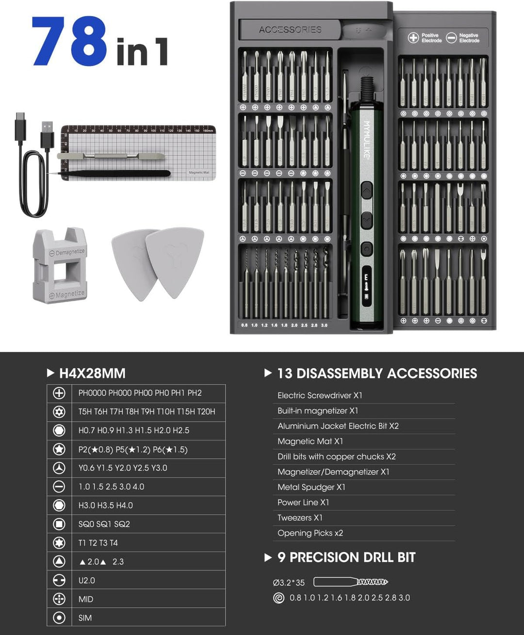 Mini Elektro Schraubendreher Set, 78 in 1 Präzisions Elektrischer Schraubendreher mit 56 Magnetische