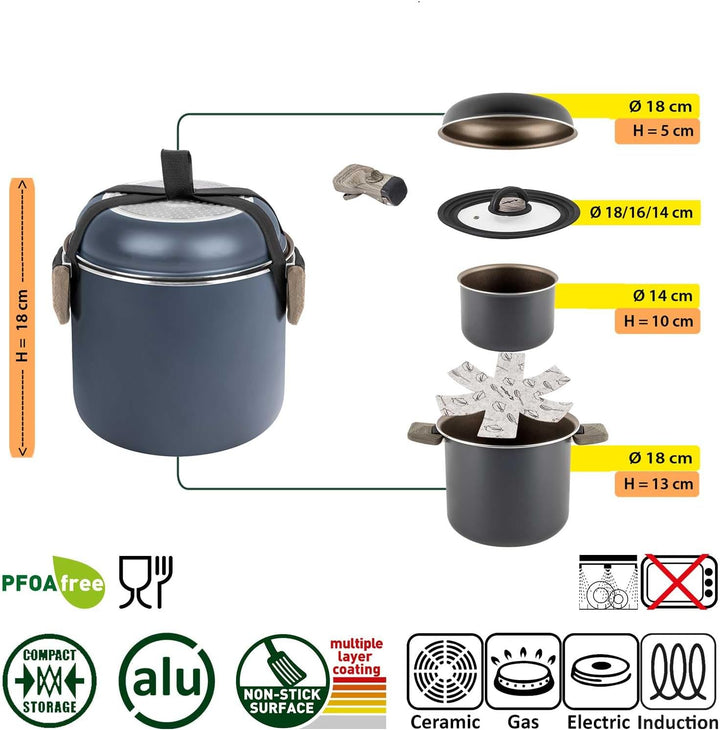 BRUNNER Camping HOHES Kochgeschirr-Set Alu (Töpfe und Pfannen) - ø 18, 20, 22 cm TORRALTA Vakublock