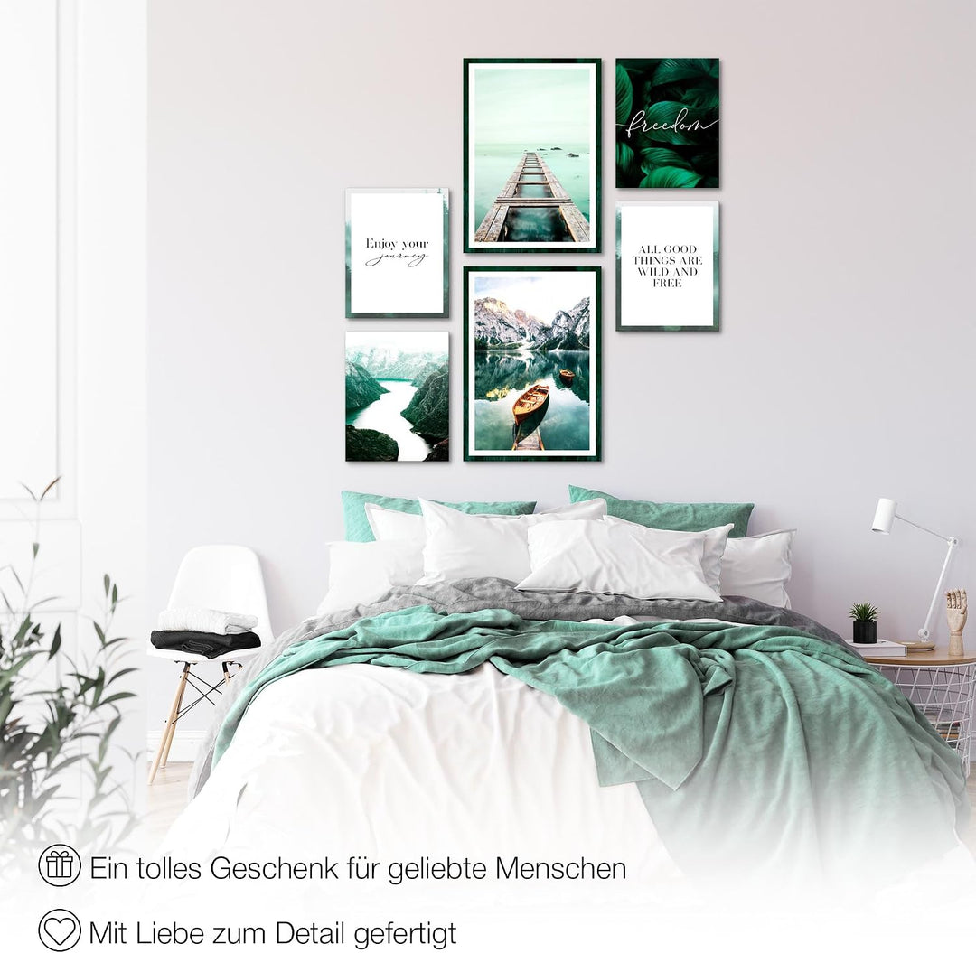 Novart Wandbilder Set Berge und See Natur Türkis - KEIN EXTRA RAHMEN BENÖTIGT - Modern Deko - Wohnzi