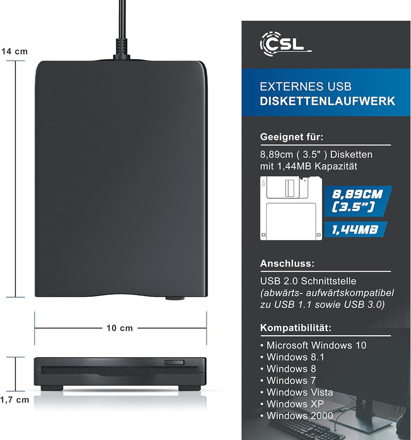 CSL - Externes USB Diskettenlaufwerk FDD 1,44MB 3,5 Zoll - PC und MAC - Slimline Floppy Disk Drive E