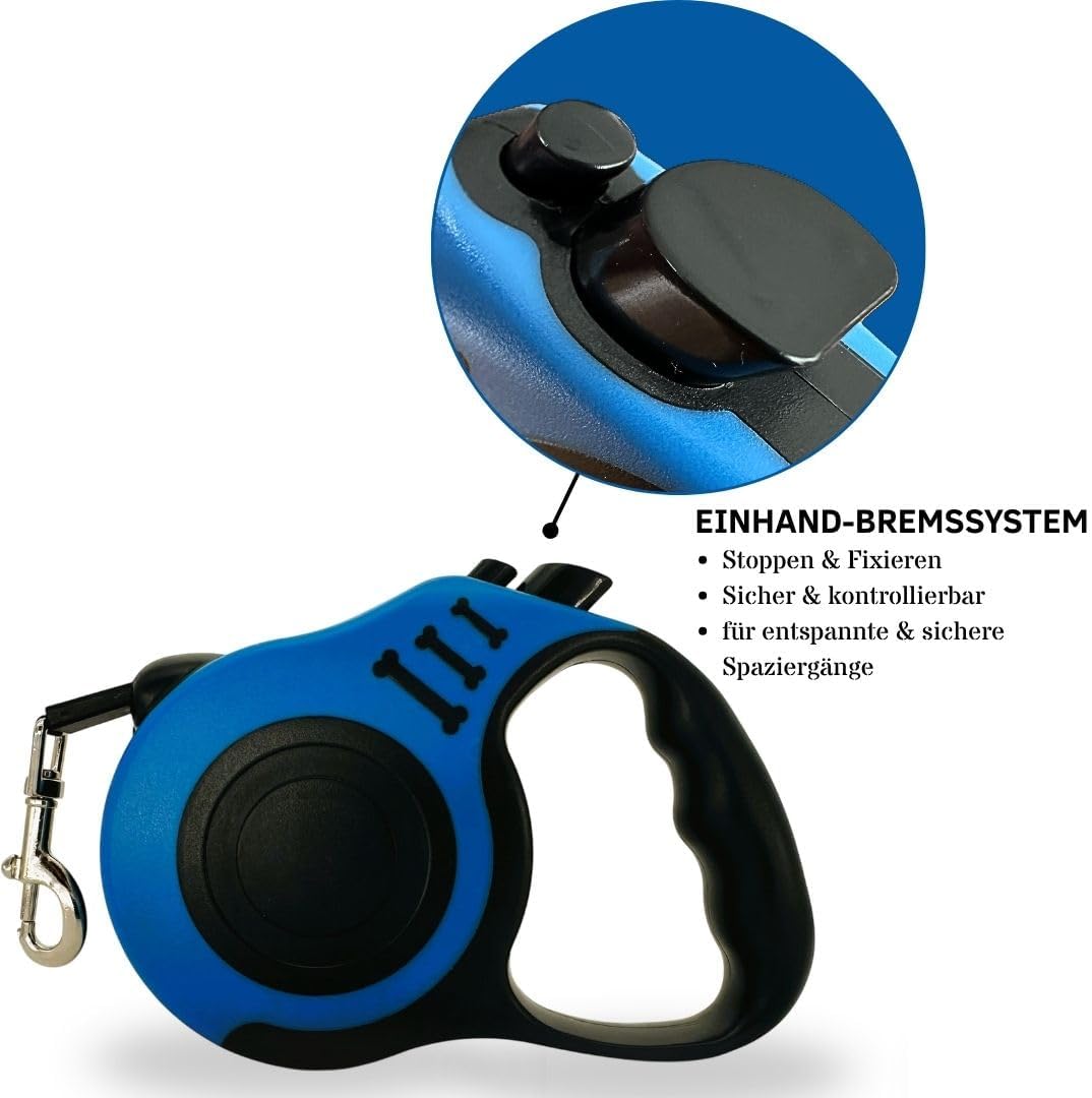 Hundeleine Reiseset 3in1 mit 5 m Rollleine Automatik, faltbarem Napf & Kotbeutelspender – Blau