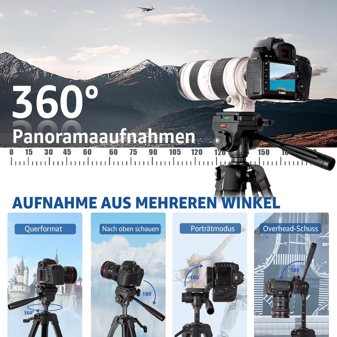 Lusweimi 187cm Kamera Stativ, Aluminium Reisestativ mit 360° Panorama Fluidkopf&2 QR-Platten für Son