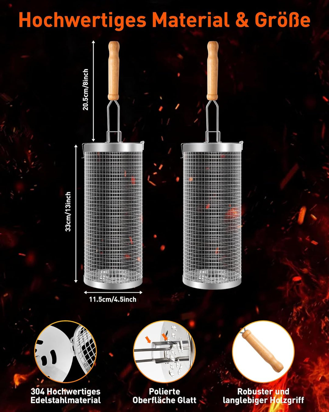 OWZ Rollendes Grillkorb Set - 2 Stück Grillkorb Edelstahl mit Holzgriff - Rolling Grilling Basket -