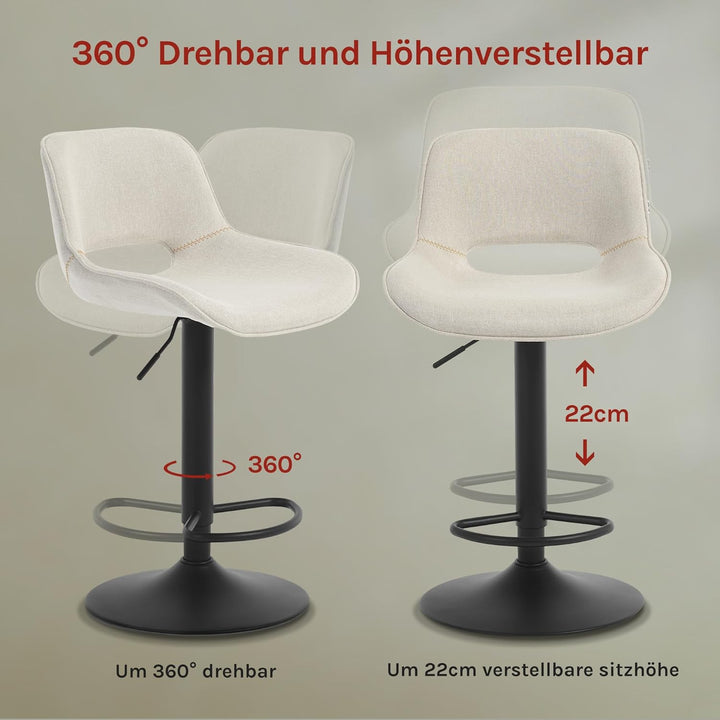 WOLTU Barhocker 2er Set, höhenverstellbar, mit Rückenlehne, Leinen, Beige | Barstuhl mit Fussstütze,