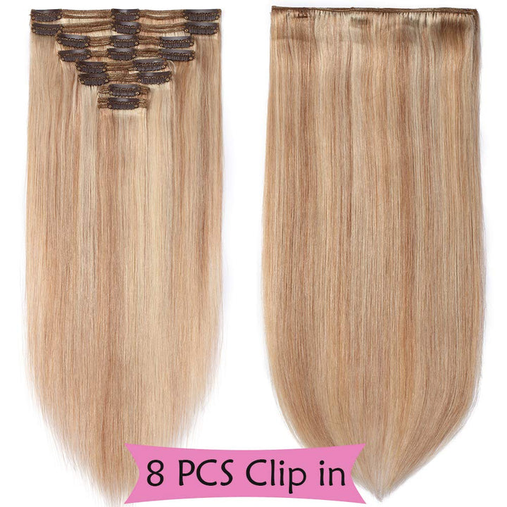 SEGO Clip in Extensions Echthaar Haarverlängerung Haarteil Doppelt 8 Teile hitzebeständig glatt Honi