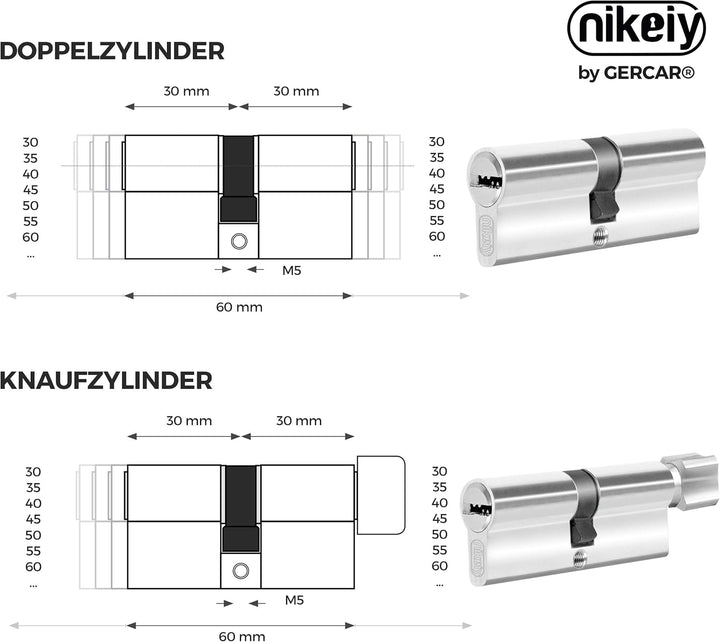 GERCAR Profilzylinder Schliesszylinder Zylinderschloss 10/30 Halbzylinder Türschloss - inkl. 5 Schlü