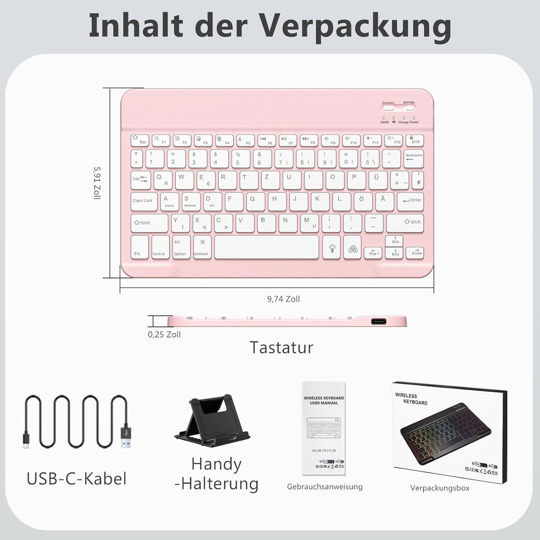 Vobafe Bluetooth Tastatur mit Telefonhalter für iPad Air/Pro/Mini/A16/11/10.9/10.2/iPhone, Kabellose