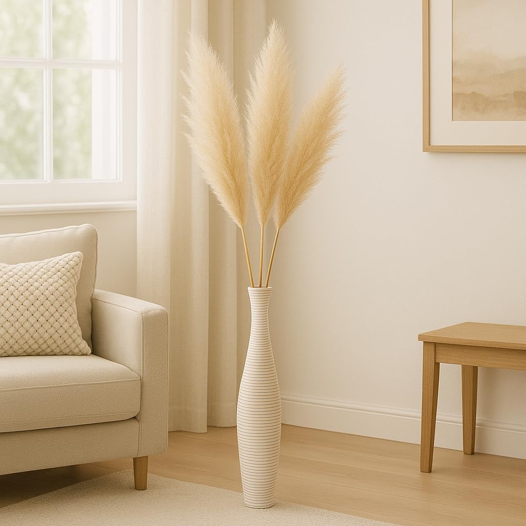 Leewadee Grosse Bodenvase für Dekozweige hohe Standvase Design Holzvase, Holz, 70 cm, White Wash 70