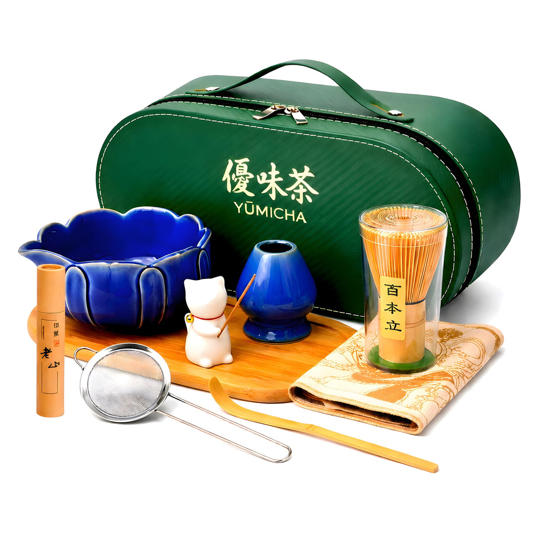 Matcha Set Komplett 10-teilig – Matcha Tee Set mit Schale, Bambusbesen (Chasen), Löffel, Halter & Au