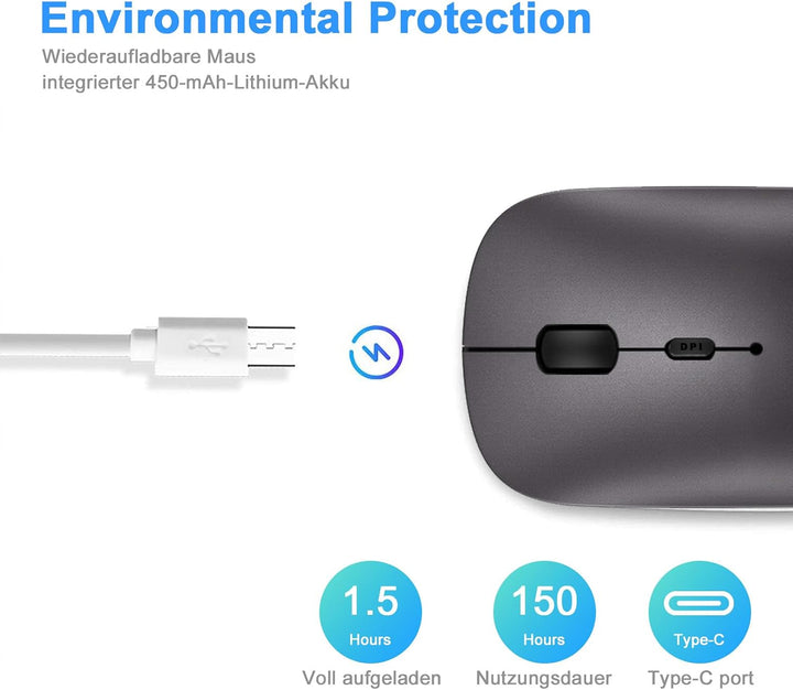 Bluetooth Maus fur Laptop/iPad/iPhone/Mac (iOS 13.3.2 und höher) / PC/Tablet, Wiederaufladbare Leise