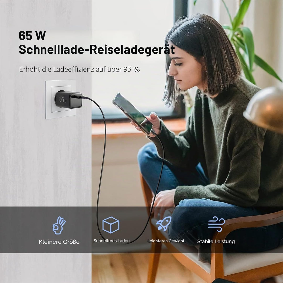 2 Stück 65W USB C Ladegerät Netzteil GaN Fast USB PD Charger Adapter Handy Schnellladenetzteil Steck