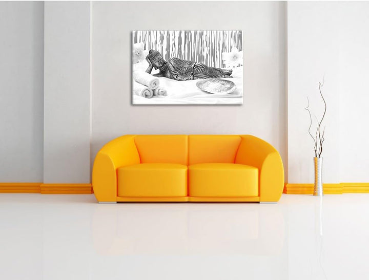 Pixxprint Buddha auf Handtuch / 100x70cm Leinwandbild bespannt auf Holzrahmen/Wandbild Kunstdruck De