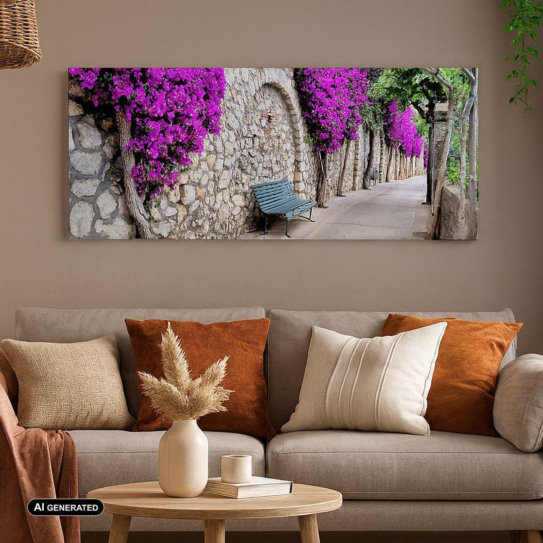 Wandbilder Dekoration Wohnzimmer Pflanzen Bank Strasse Sommer Panorama Bilder auf Leinwand 120x50cm