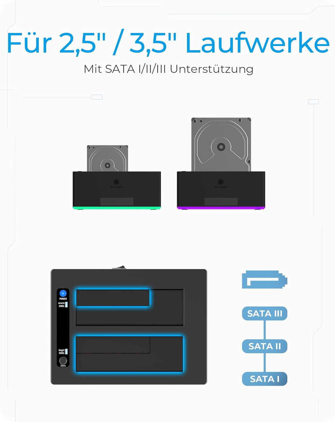 ICY BOX USB 3.0 2-Fach Festplatten Docking Station für 2,5" und 3,5" SATA HDD/SSD, RGB, Offline-Klon