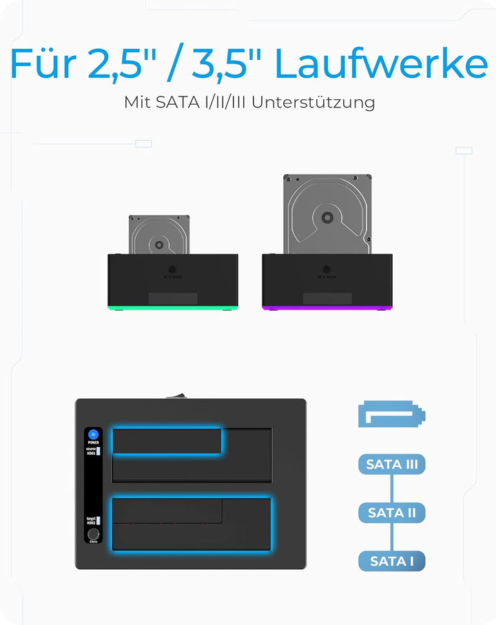 ICY BOX USB 3.0 2-Fach Festplatten Docking Station für 2,5" und 3,5" SATA HDD/SSD, RGB, Offline-Klon