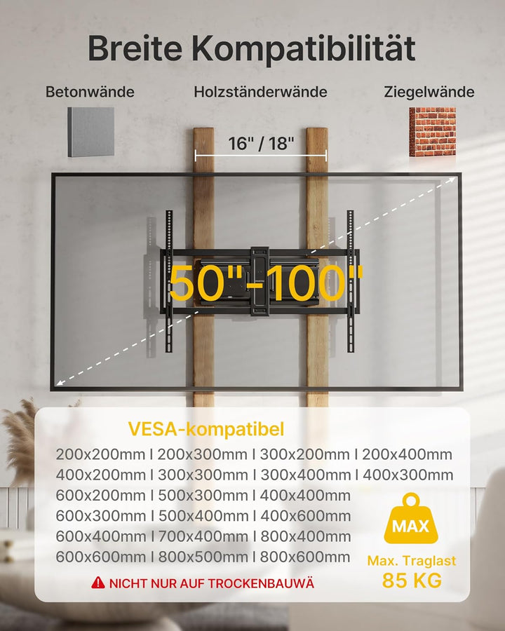 monTEK Hochbelastbare Ultra Slim TV Wandhalterung für 50-100 Zoll Fernseher bis zu 85kg, Schwenk &amp; N