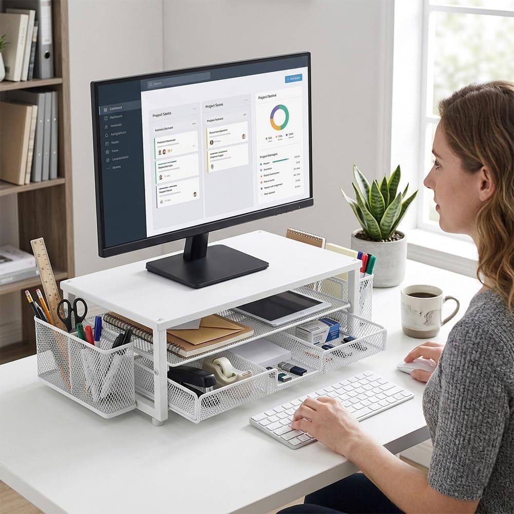 CEWROM Monitorständer mit Schublade, 2-Stufiger Computer Monitor Erhöhung mit Schublade, Schreibtisc
