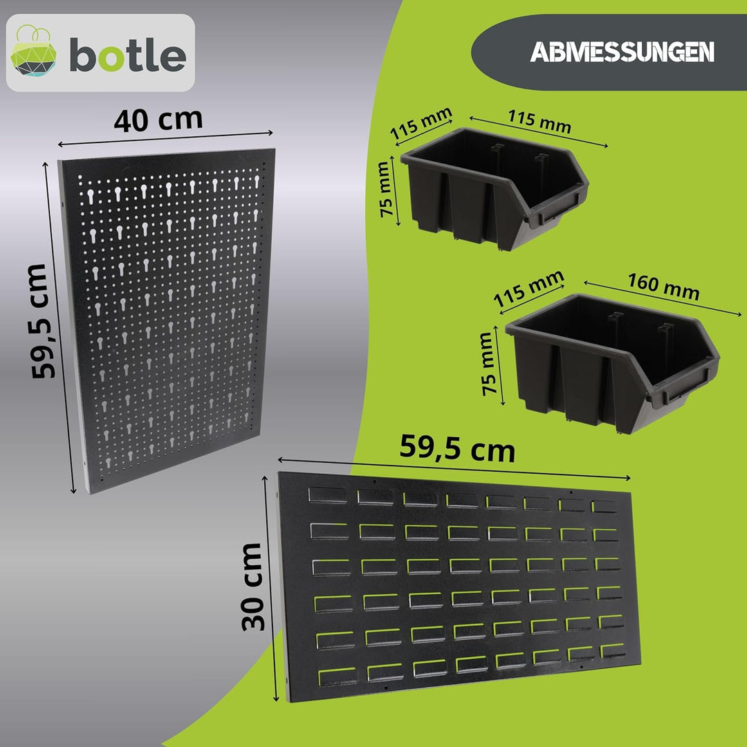botle® Werkzeugwand Lochwand aus Metall, Stapelboxen + Wandregal + Werkzeughalter 51-tlg Set, Kleint