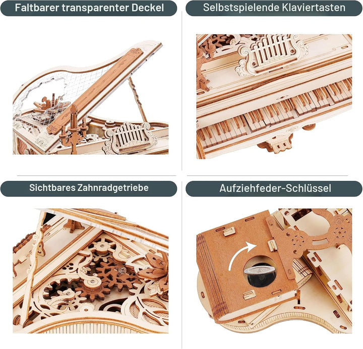 ROBOTIME 3D Puzzle Holz Magic Piano Spieluhr, Modellbausatz für Erwachsene zu Bauen, Getriebe Holzpu