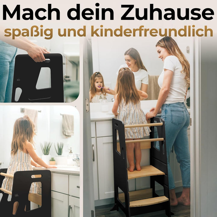 BEY &amp; CO® Lernturm/Entdeckerturm aus Holz – Küchenhelfer für Kinder – 3-Fach höhenverstellbar, mit R
