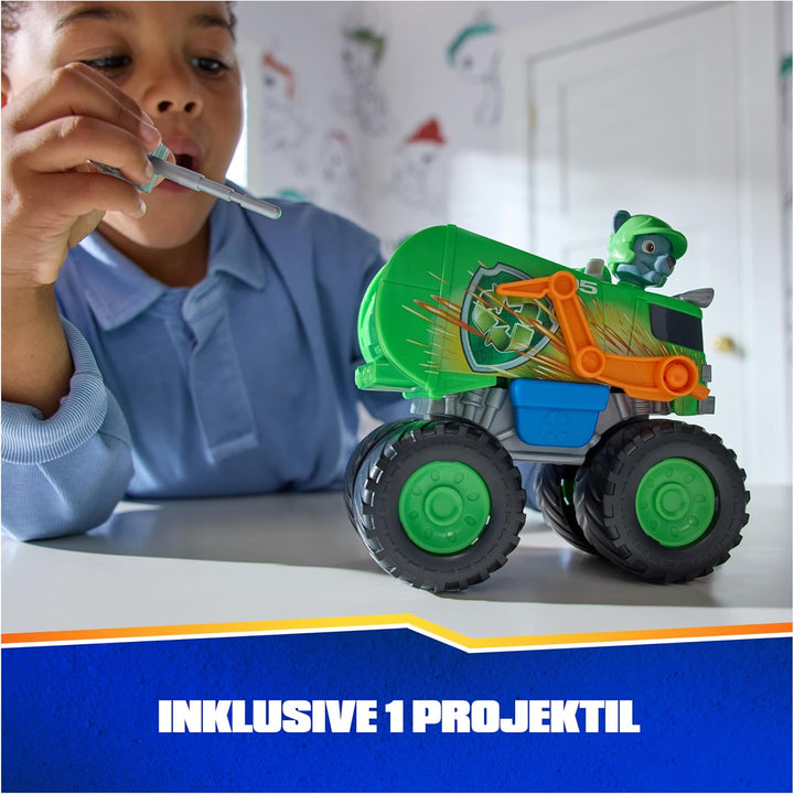 PAW PATROL Rescue Wheels - Rockys Recycling Monstertruck mit Geschoss-Abwurf und Rocky Hundefigur, S