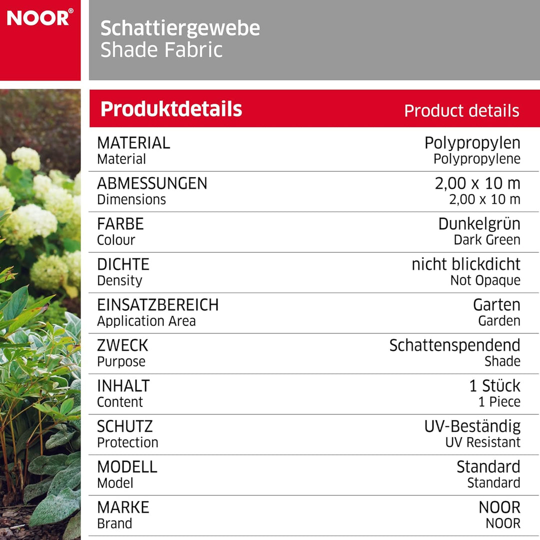 NOOR Schattiergewebe 2,00 x 10m in dunkelgrün I Mehrzweck-Sichtschutz für Garten, Balkon, Gewerbe &