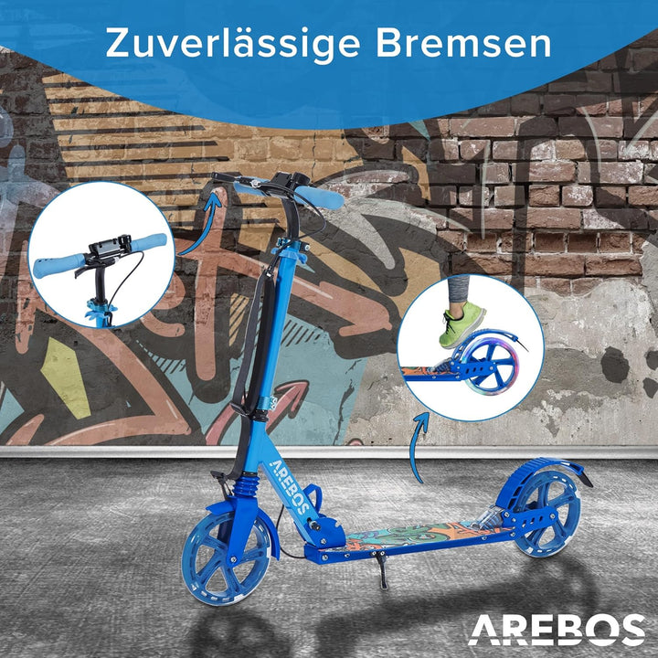Arebos Cityroller Tretroller mit LED | höhenverstellbar | klappbar | inkl. Tragegurt | Hand- & Tritt