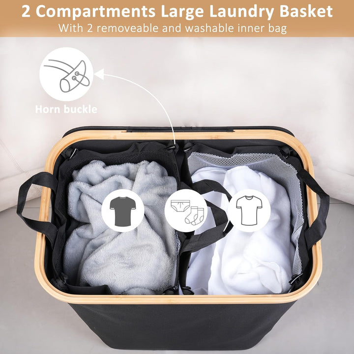 iEGrow Grosser Wäschekorb mit Deckel 150L, Wäschesammler 2 Fächer mit Herausnehmbaren und Waschbaren