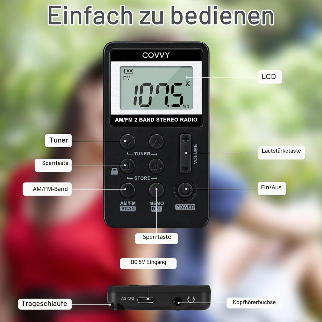 AM/FM Tragbares Radio,Covvy Digitales Pocket Mini Radio mit 500mAh 3.7V Wiederaufladbarer Akku und K