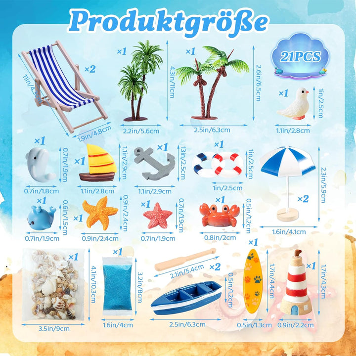 21 Stück Strand-Mikrolandschaft Miniatur Dekoration mit Mini LiegestüHlen Palmen Sonnenschirmen Couc