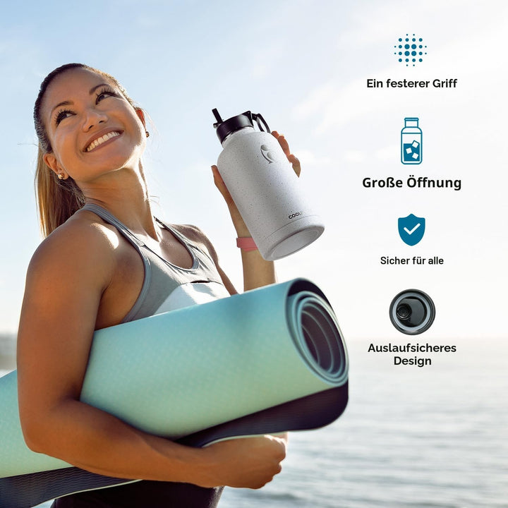 Coolflask Isolierte Wasserflasche 2L, Halbe Gallone Wasserkrug mit Strohhalm & 3 Deckeln, Grosse Iso