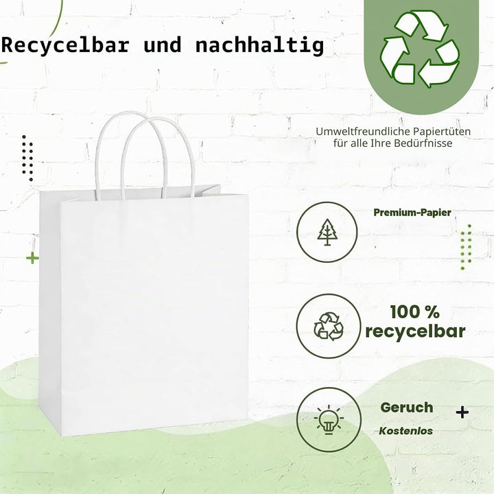 Weifeng 50 Stück Papiertüten Gross 21x11x27cm,Kraftpapiertüten mit Henkel, White Geschenktüten Papie