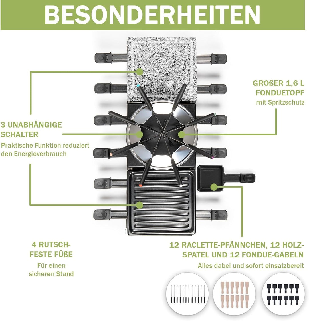 LUTEO Raclette Fondue Kombi 12 Personen Gross - Raclette Grill mit Grillplatte und Heisser Stein - E