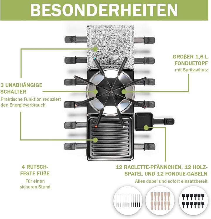 LUTEO Raclette Fondue Kombi 12 Personen Gross - Raclette Grill mit Grillplatte und Heisser Stein - E